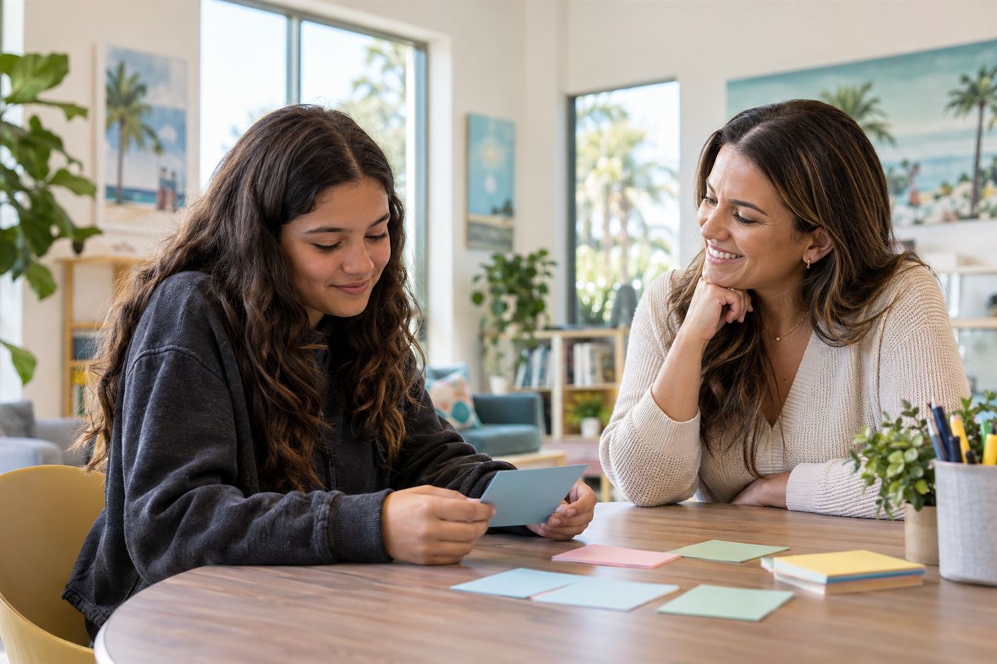 A teenager and a supportive adult looking at a planning activity together
