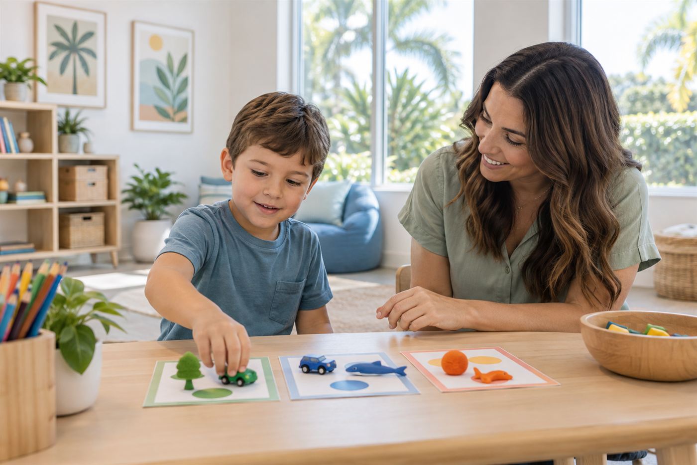 A boy and a supportive adult taking part in a hands-on learning activity