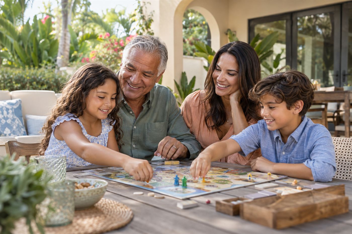 A boy, a girl, their mother and grandfather sharing a board game on a shaded South Florida patio