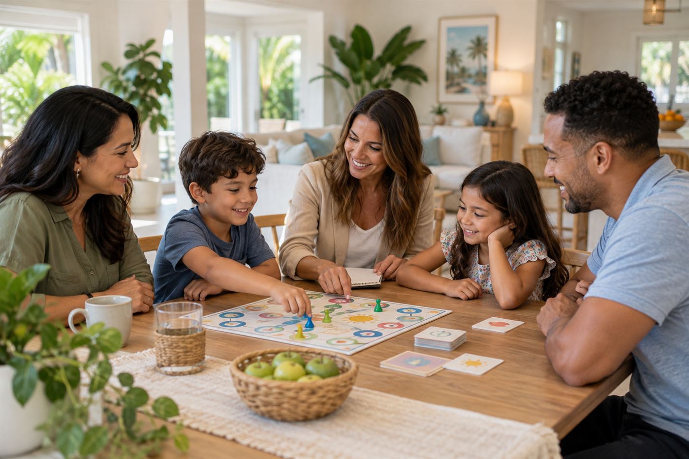 A boy, a girl, their parents and a professional sharing a collaborative family activity