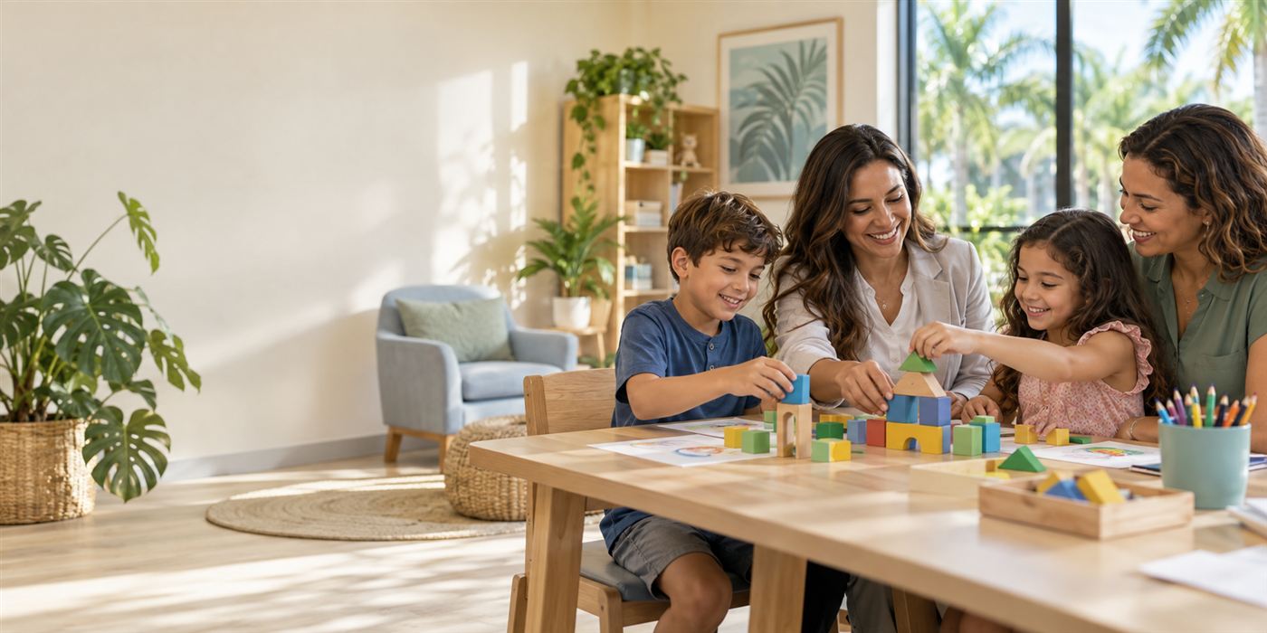 A boy, a girl, a parent and a professional sharing a building activity in a bright, welcoming room