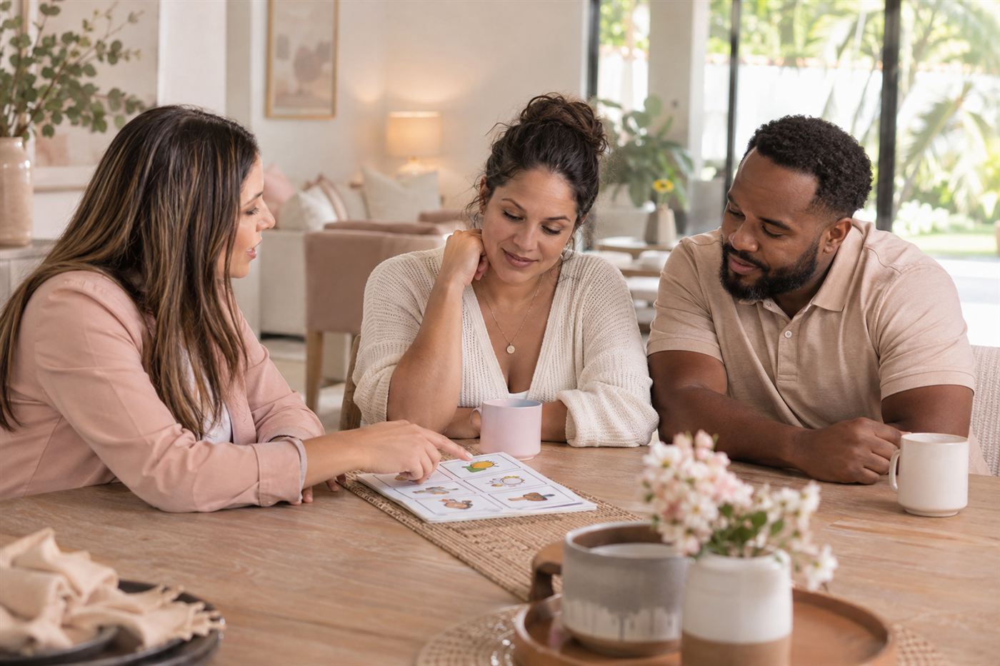 A parent and a professional working through an activity together with a child at a family table