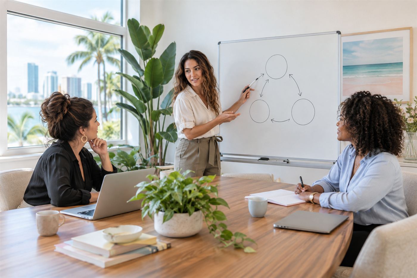 Three professionals collaborating around a whiteboard in a bright meeting room