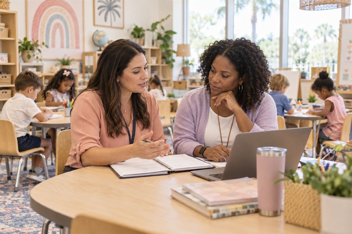 A teacher and a consultant talking beside a classroom table with learning materials