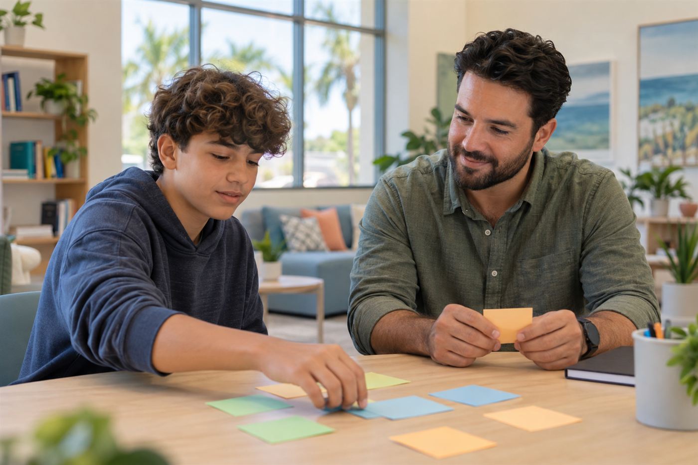 A teenage boy and a supportive male professional using colored cards during a planning activity
